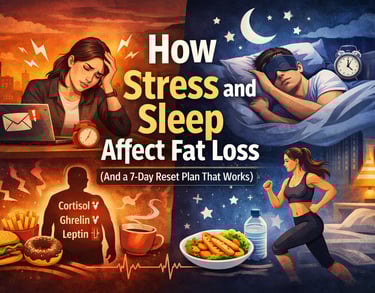 Illustration showing how stress and poor sleep affect fat loss and metabolism.