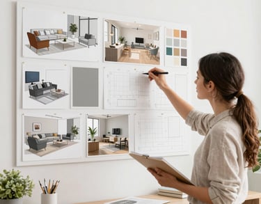 A bright, modern workspace with designers collaborating over creative digital projects on laptops and tablets.
