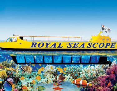 Underwater observation deck viewing Red Sea coral reefs in Hurghada.