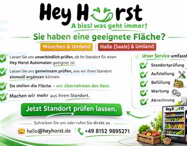 Werbegrafik von Hey Horst mit Logo und dem Slogan „A bissl was geht immer!“. 