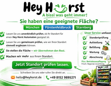 Hey Horst vending machine service flyer for München, Fürstenfeldbruck, and Starnberg featuring regional snacks.