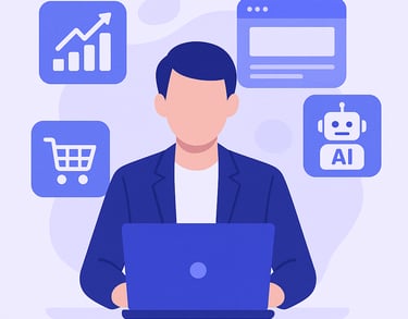 Digital marketing illustration of a person at a laptop with website, AI, cart, and growth icons.