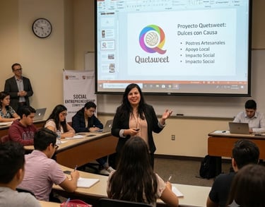 Una estudiante dando una presentación de emprendimiento social a una clase de estudiantes.