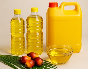 a bottle of oil and a bowl of fruit