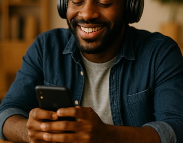 a man wearing headphones and listening to Podcastistening to music