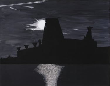 Dolfin Hotel; pyramid hotel silhouette, sparkling dark water