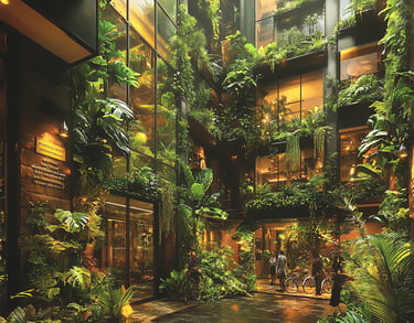 Hôtel futuriste recouvert de végétation, illustrant le tourisme à faible empreinte carbone.