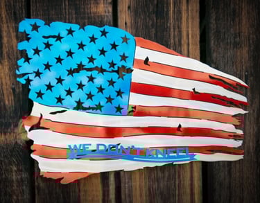 a metal sign with a flag on it