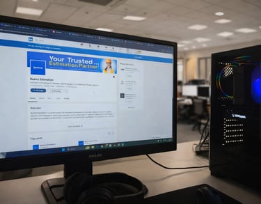 A Philips monitor displaying the Beams Estimation LinkedIn profile next to a glowing gaming PC.