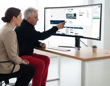 David Mantegh presenting UX wireframes to team members on a large screen at Mantegh Studio