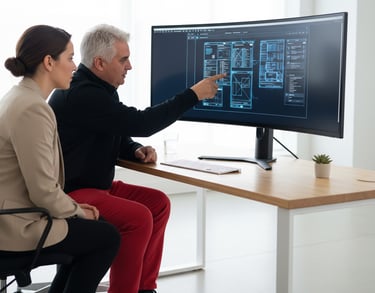 David Mantegh presenting UX wireframes to team members on a large screen at Mantegh Studio