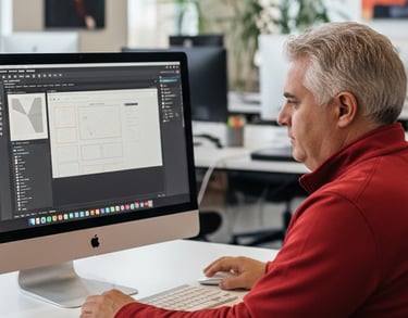 David Mantegh reviewing a web design layout on an iMac in the creative workspace at Mantegh Studio