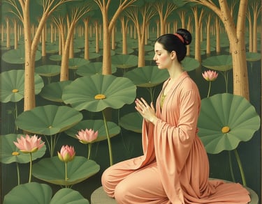 woman meditating by lotus flowers