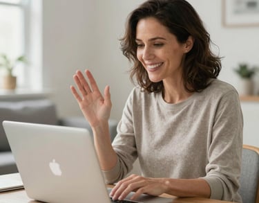 A high-quality photo of a woman in her 40s in a bright Toronto living room, happily engaging in an online video call on her laptop. North American / Canadian lifestyle.