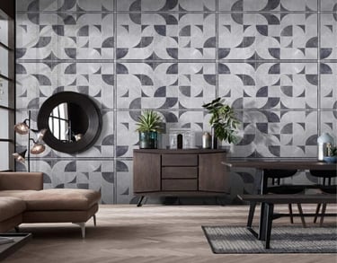 Stylish living room with geometric designer wall tiles – Rosso Ceramics Pvt Ltd Pune
