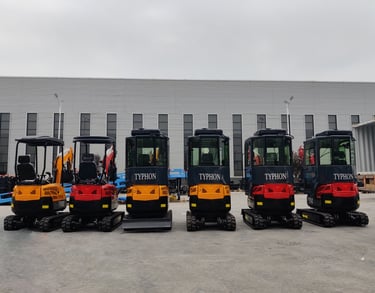 mini excavators in rows