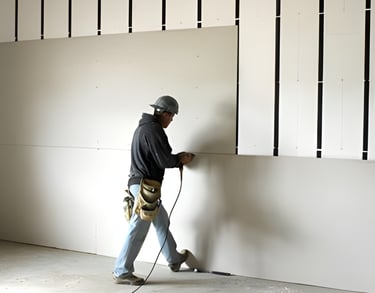 Employee installing drywall in Minnesota project.