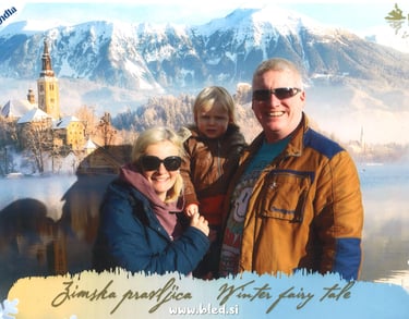 Cheesey family picture from touristy photo booth of Lake Bled in Winter