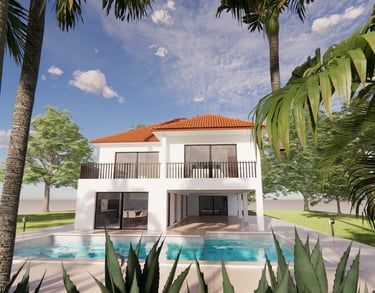 Modélisation 3D d’une maison moderne avec toit en pente et grandes baies vitrées, créée pour un doss