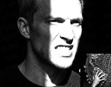 Black and white photo of a man clenching his teeth to illustrate bruxism and jaw tension.
