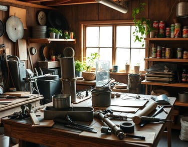 rustic workshop filled with various diy survival projects