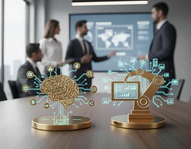 Símbolos de IA, como um cérebro digital e um braço robótico dourado. Executivos em reunião.