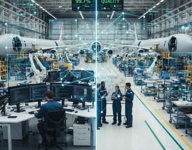 split screen showing technology and manufacturing, one side modern software development with code and interfaces, other side