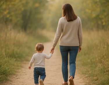 a toddler is walking holding hands with the mother on a nature trail