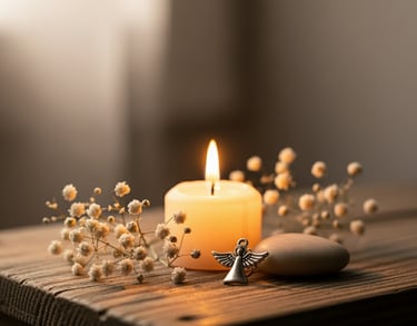a lit candle next to an angel figure symbolizing remembrance of a miscarriage or a pregnancy loss