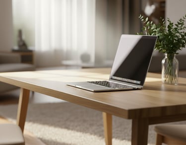 side view of a laptop on a desk in an airy room for a telehealth therapy or clinical supervision