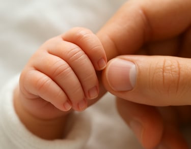 a newborn baby's hand wrapped around the mother's finger