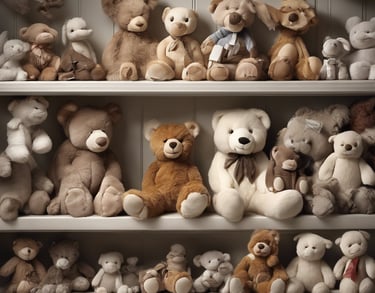 Une étagère remplis d'ours et d'animaux en peluches doudous