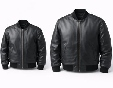 Black leather bomber jacket with front zip and ribbed cuffs