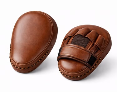 Compact leather focus pads with thick padding and secure grip for boxing and MMA training.