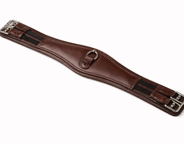 Leather horse girth with metal buckles.