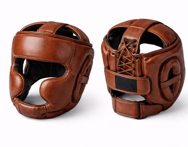 Padded leather protective headgear designed for boxing and mixed martial arts training.