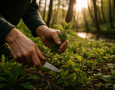 Harvesting wild herbs in forest clearing with survival knife and sunlight filtering through