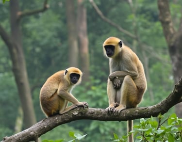 two monkeys sitting on a tree branch in a forest