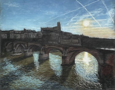 Tableau au pastel - Albi, le Tarn et le pont vieux