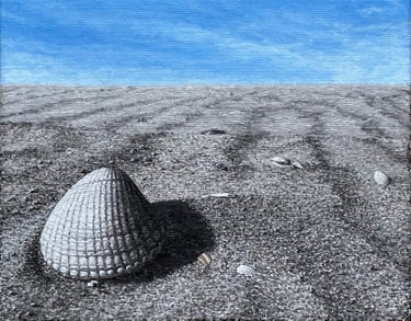 Tableau à l'huile - coquillage sur une plage vide