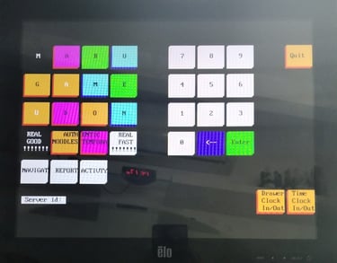 Touchscreen display showing quick-access report buttons for restaurant operations