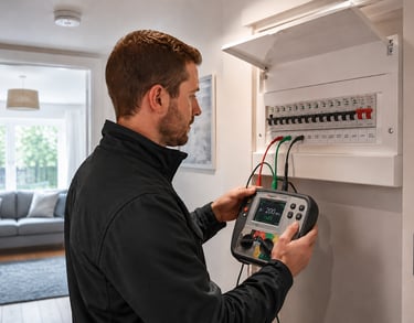 Electrician carrying out EICR electrical testing on a modern consumer unit inside a UK home in Chesterfield