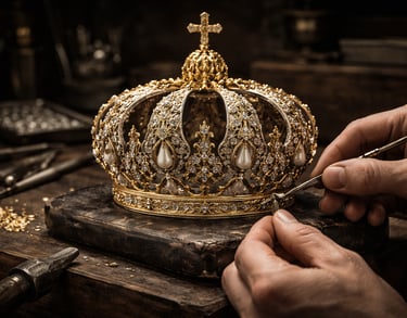 Manos de joyero trabajando una corona religiosa a medida en taller especializado