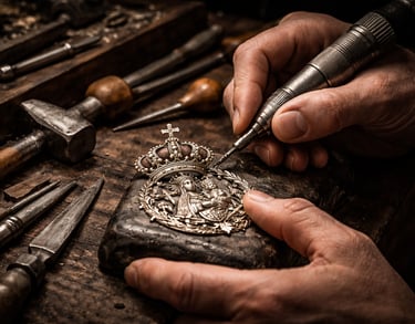 Manos de joyero trabajando una medalla para cofradía en taller de joyería religiosa
