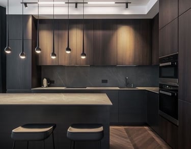 a kitchen with a large island and a bar stool