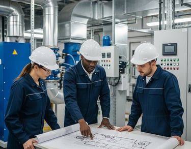 a group of workers in a company with a blueprinted floor plan for energy audit