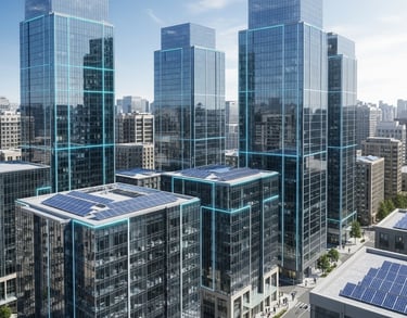 a city skyline with a lot of tall buildings for energy solutions