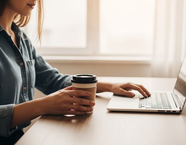 a woman sitting at a desk with a cup of coffee