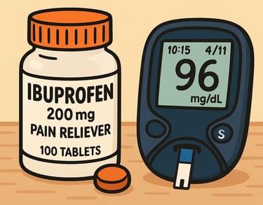 Cartoon ibuprofen bottle beside a glucose monitor reading 96 mg/dL.