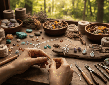 Joyero artesano creando joyería hecha a mano con cristales en un banco de trabajo al aire libre.